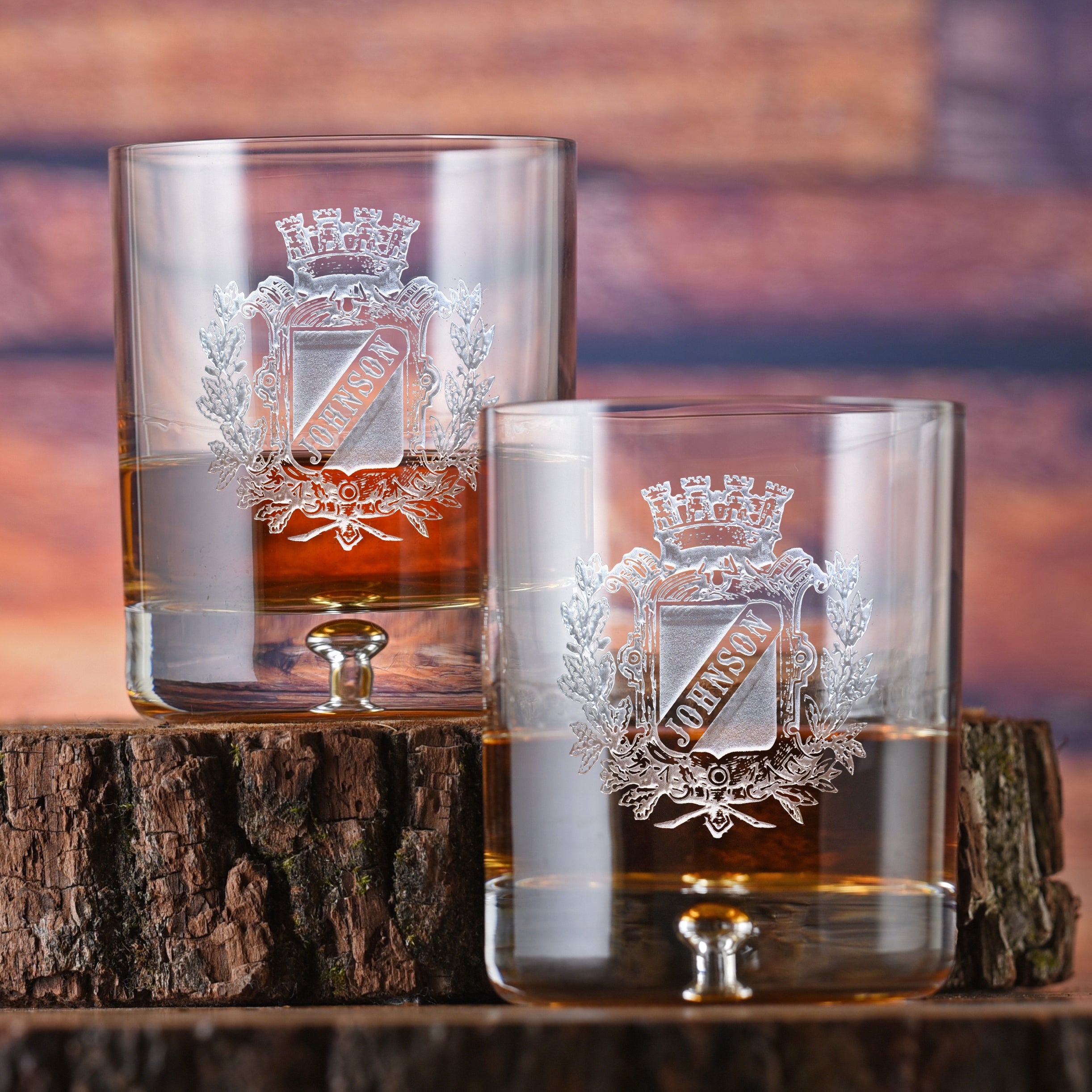 Hausfasler Engraved Family Crest Crystal Whiskey Glass Set