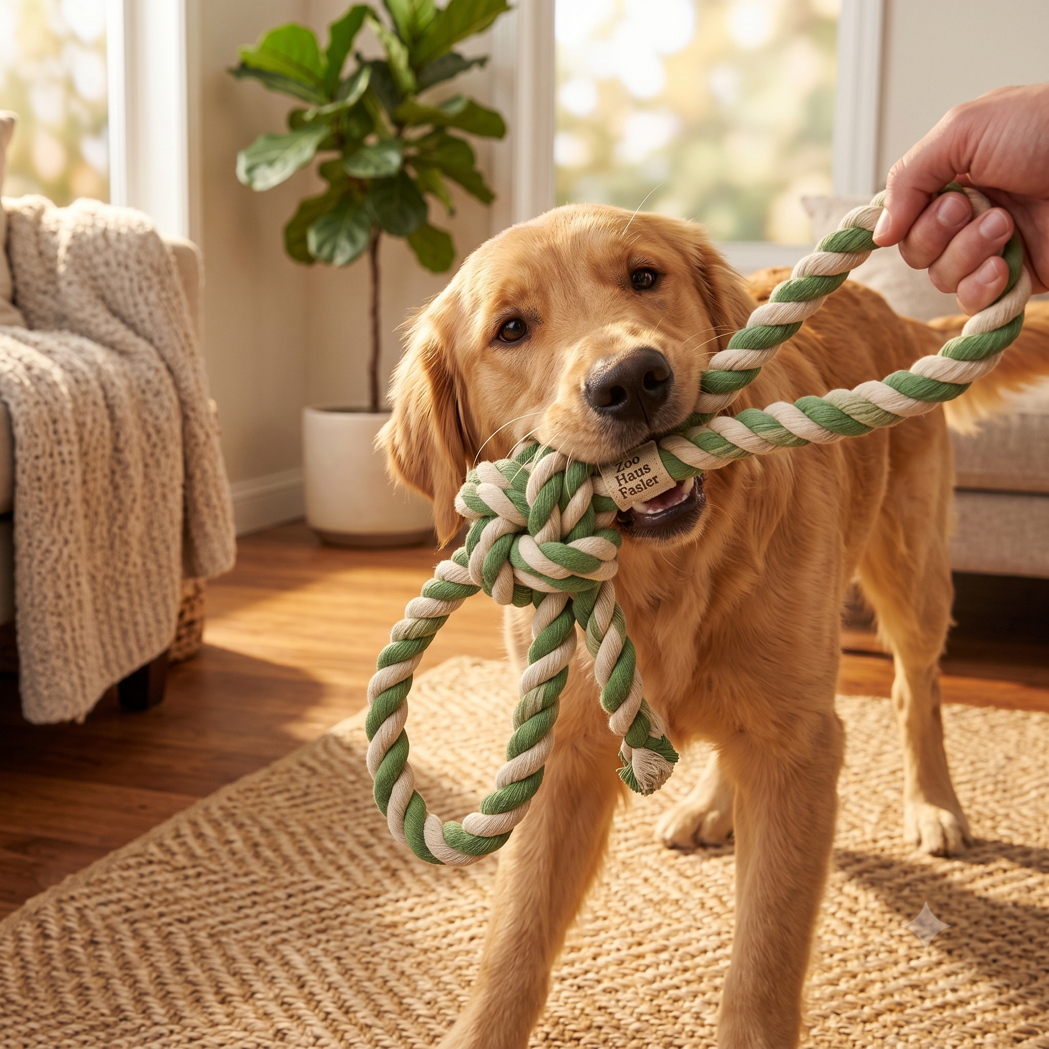 Zoo Haus Fasler Premium 4-Loop Dog Rope Toy - Durable Tug-of-War & Teething Knot (Green & Cream) - Image 4