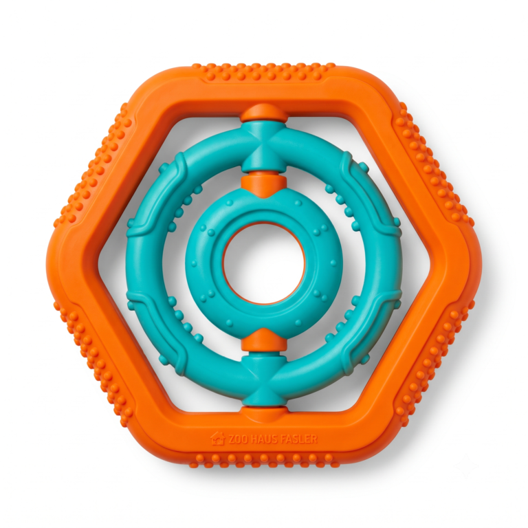 Zoo Haus Fasler Interactive Hexagon Dog Chew Toy - Durable Teething Ring for Aggressive Chewers (Orange & Teal)