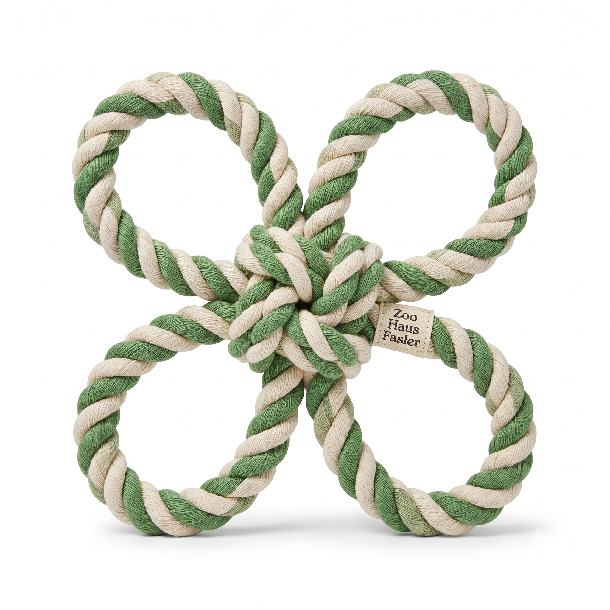 Zoo Haus Fasler Premium 4-Loop Dog Rope Toy - Durable Tug-of-War & Teething Knot (Green & Cream)